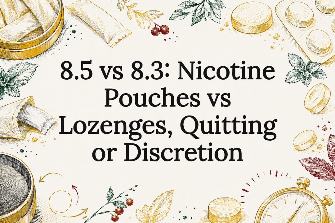 Decorative nicotine pouch and lozenge comparison title card
