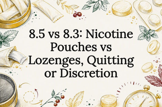 Decorative nicotine pouch and lozenge comparison title card