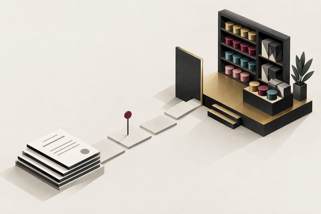 Geometric licence-to-stock timeline illustration
